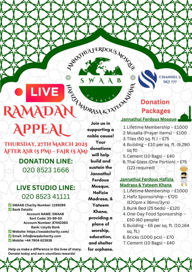 Join SWAAB Charity’s Live Ramadan Appeal – Help Build a Masjid & Yateem Khana!